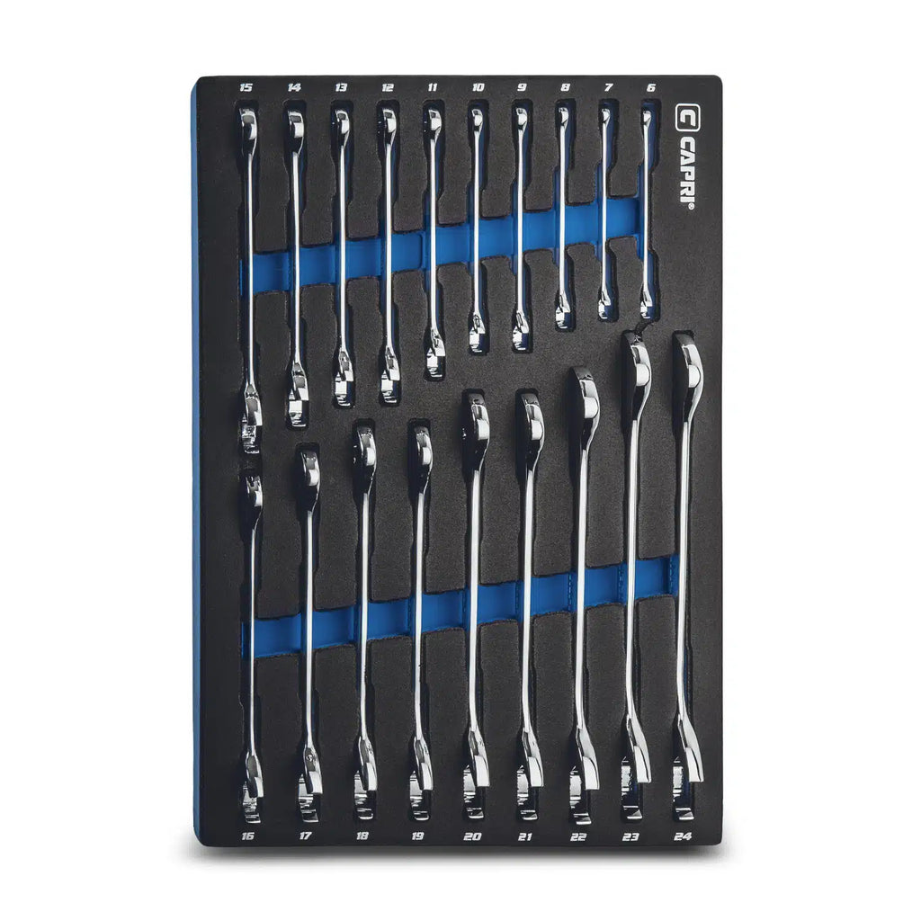 Angle Open End Wrench Set, 30/60, 6 to 24 mm, Metric, Mechanics Tray