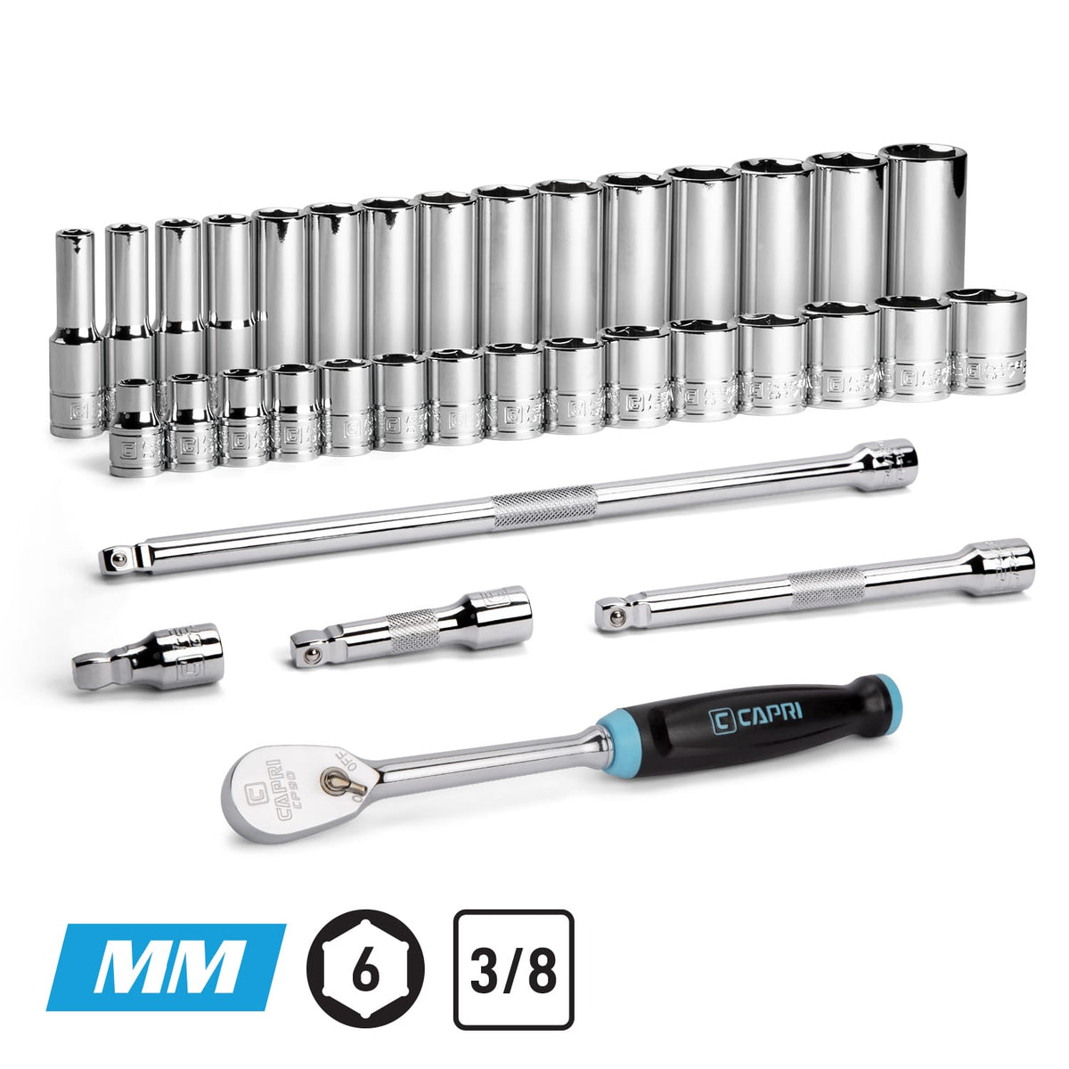 3/8" Drive 35-Piece Master 6-Point Chrome Sockets Set + Extensions, Metric