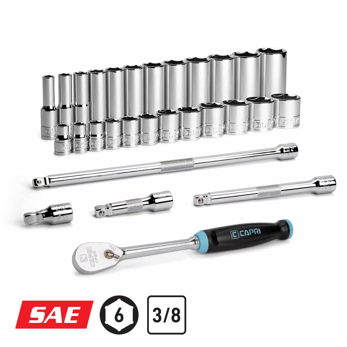 3/8" Drive 29-Piece Master 6-Point Chrome Sockets Set + Extensions, SAE