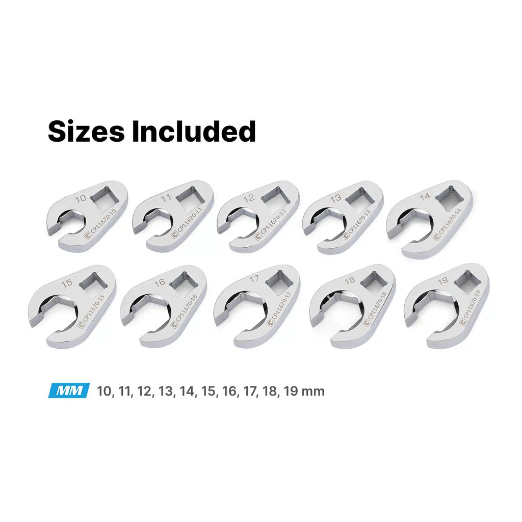 10-Piece 3/8" Drive 6-Point Metric Crowfoot Wrench Set (10-19 mm) Mechanics Tray