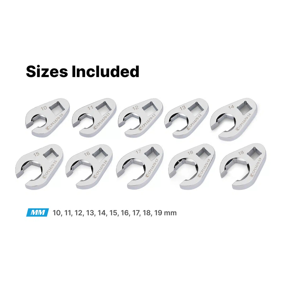 10-Piece 3/8" Drive 6-Point Metric Crowfoot Wrench Set (10-19 mm) Mechanics Tray