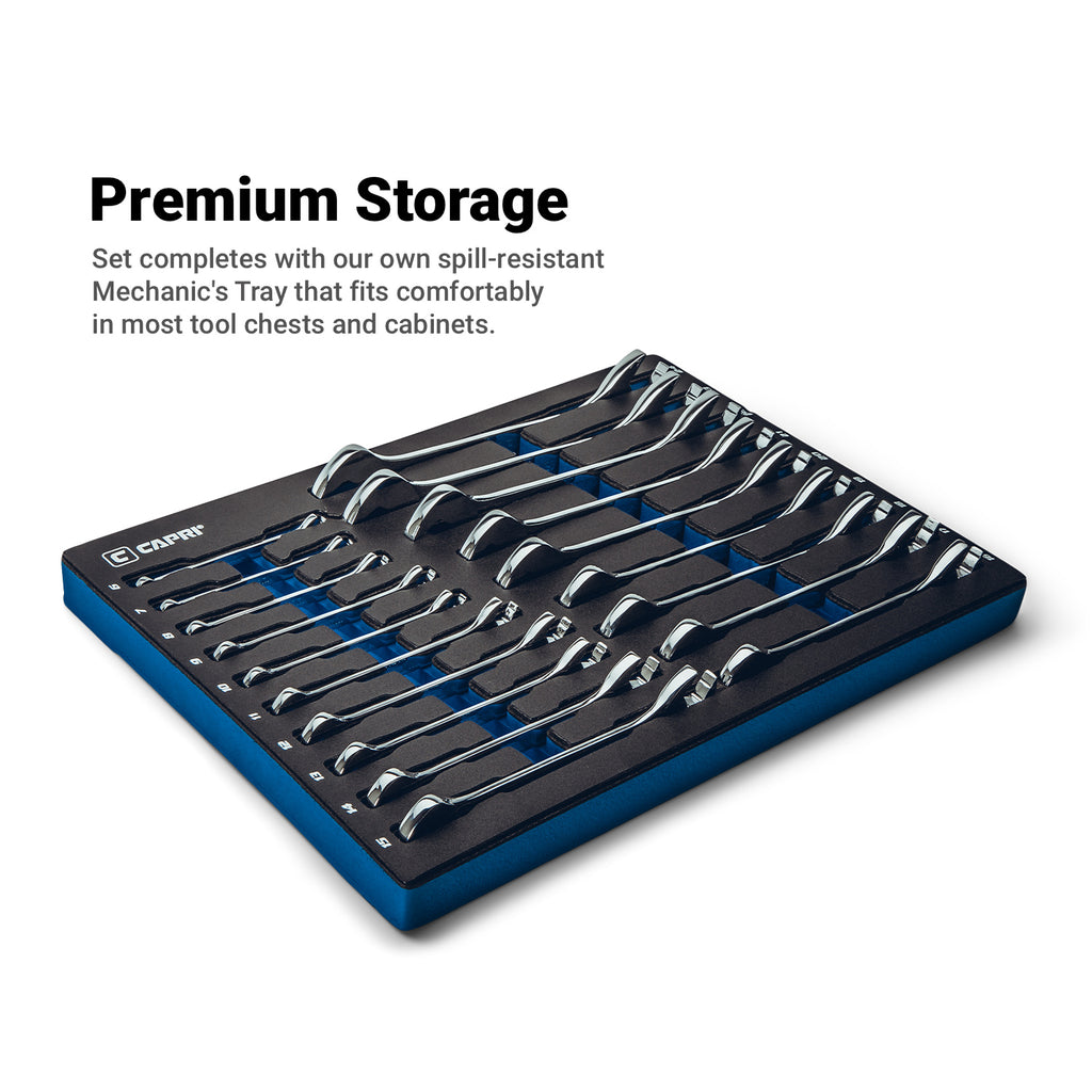 Angle Open End Wrench Set, 30/60, 6 to 24 mm, Metric, Mechanics Tray