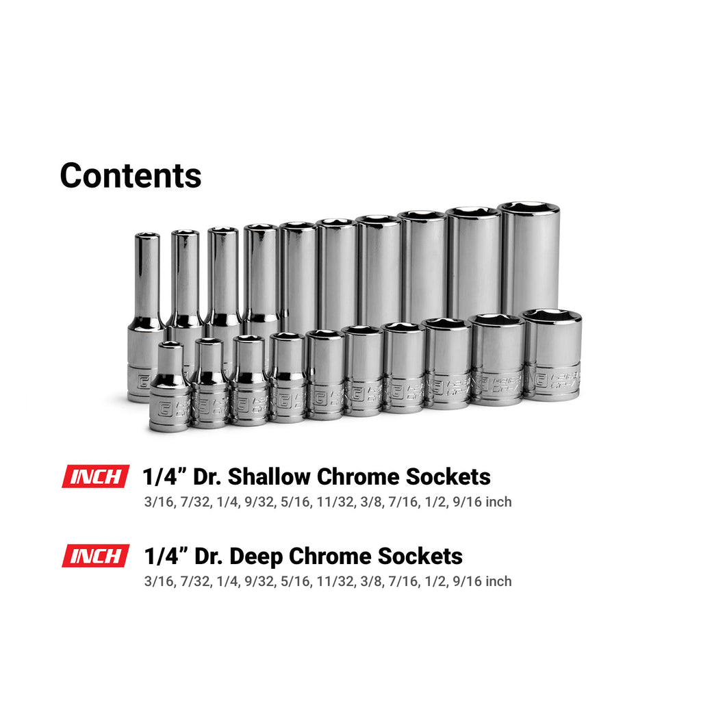 1/4" Drive 6-Point Master Chrome Sockets Set, 3/16-9/16", SAE, Red