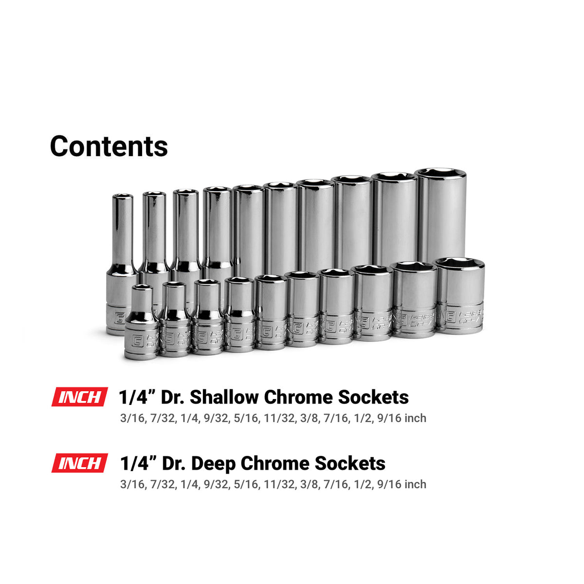 1/4" Drive 6-Point Master Chrome Sockets Set, 3/16-9/16", SAE, Black