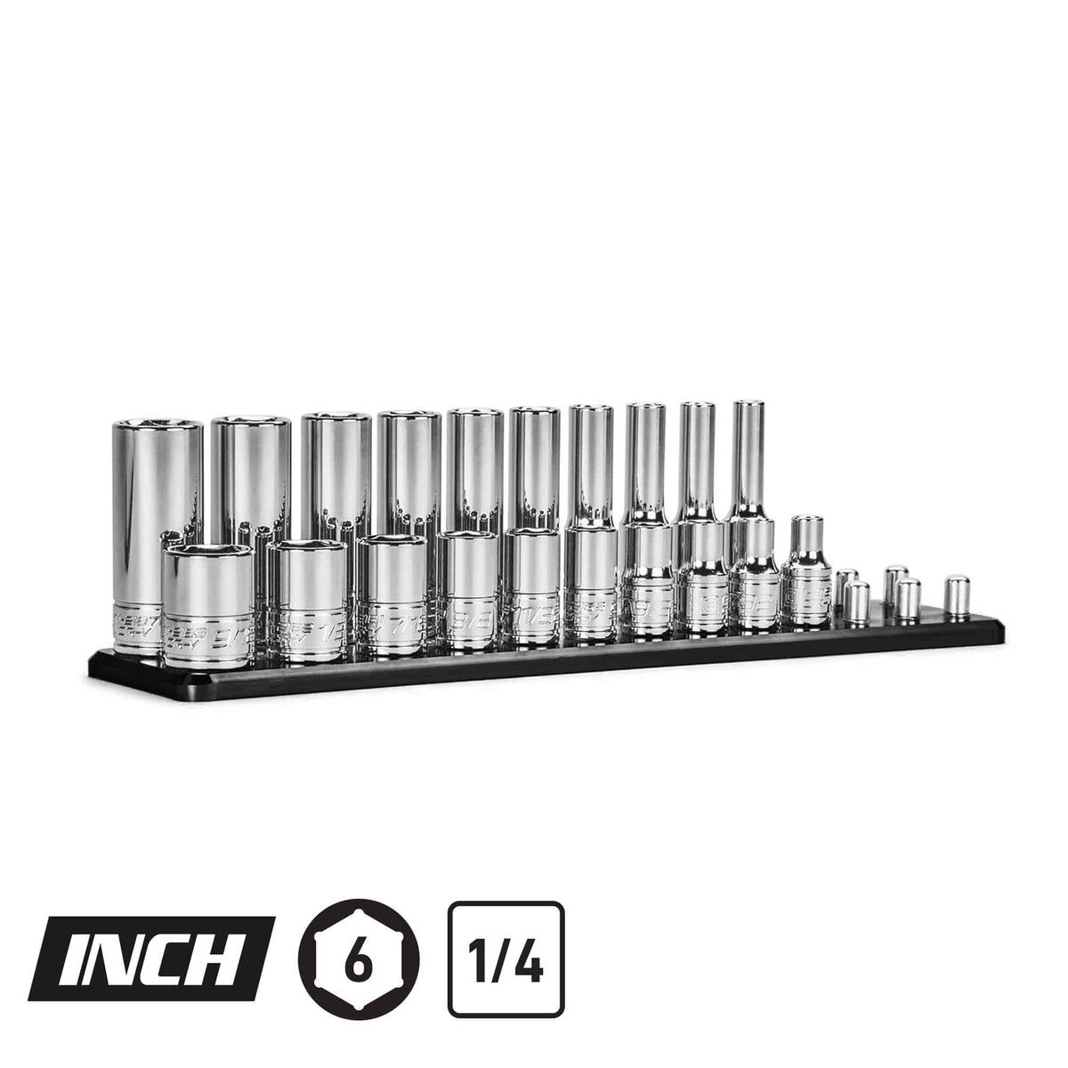 1/4" Drive 6-Point Master Chrome Sockets Set, 3/16-9/16", SAE, Black