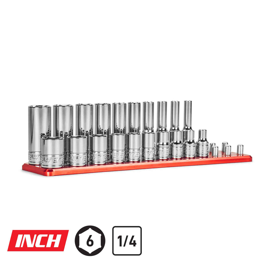 1/4" Drive 6-Point Master Chrome Sockets Set, 3/16-9/16", SAE, Red