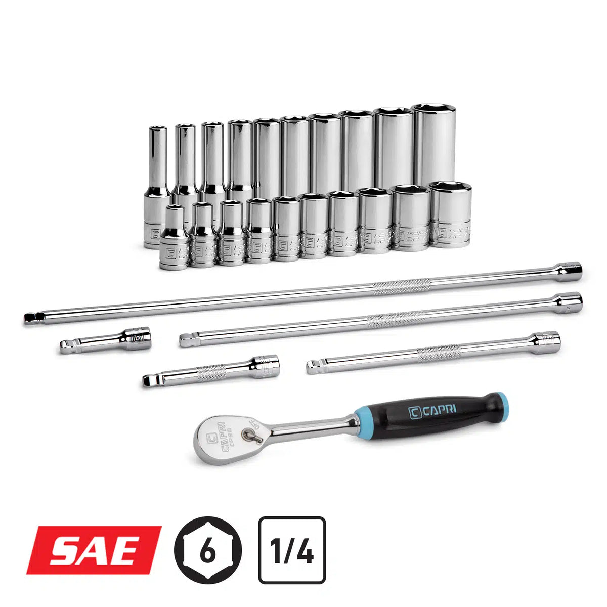 1/4" Drive 26-Piece Master 6-Point Chrome Sockets Set + Extensions, SAE