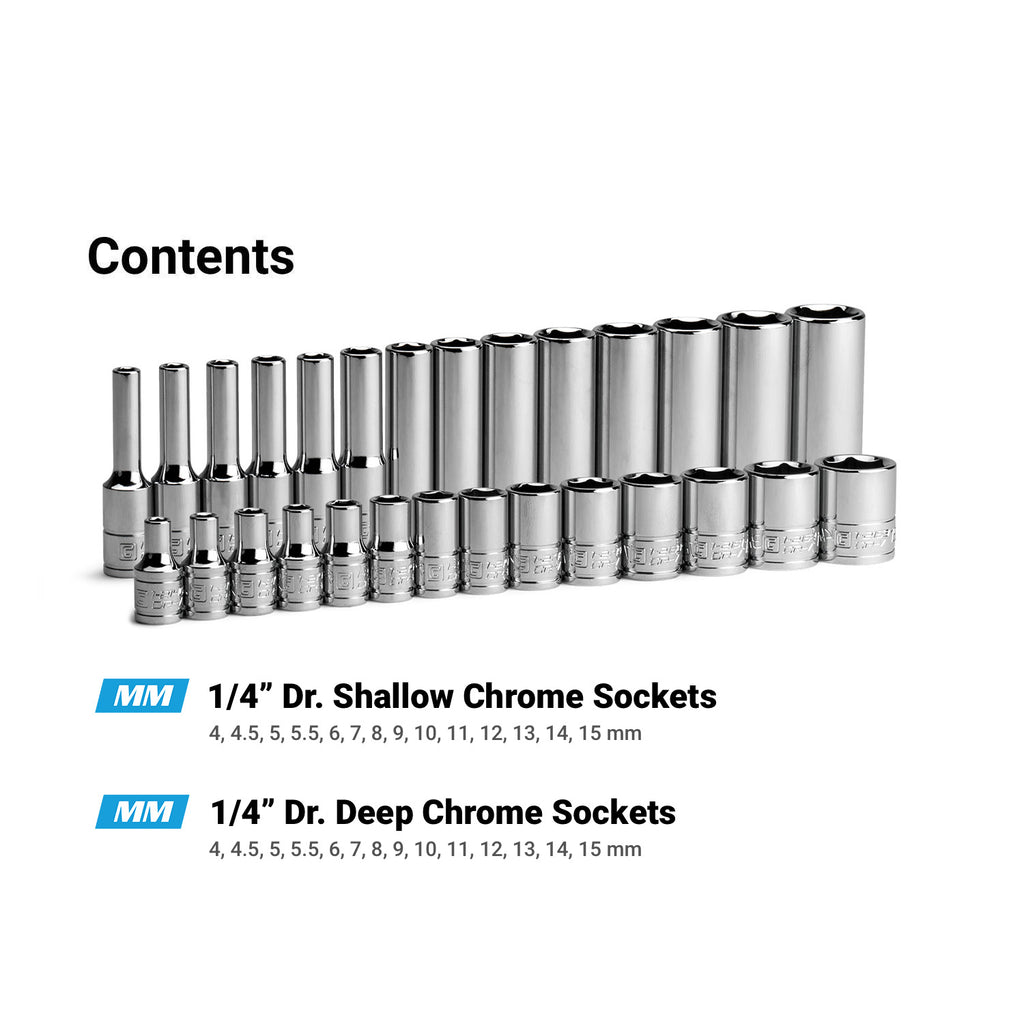 1/4" Drive 6-Point Master Chrome Sockets Set, 4 to 15 mm, Metric, Purple
