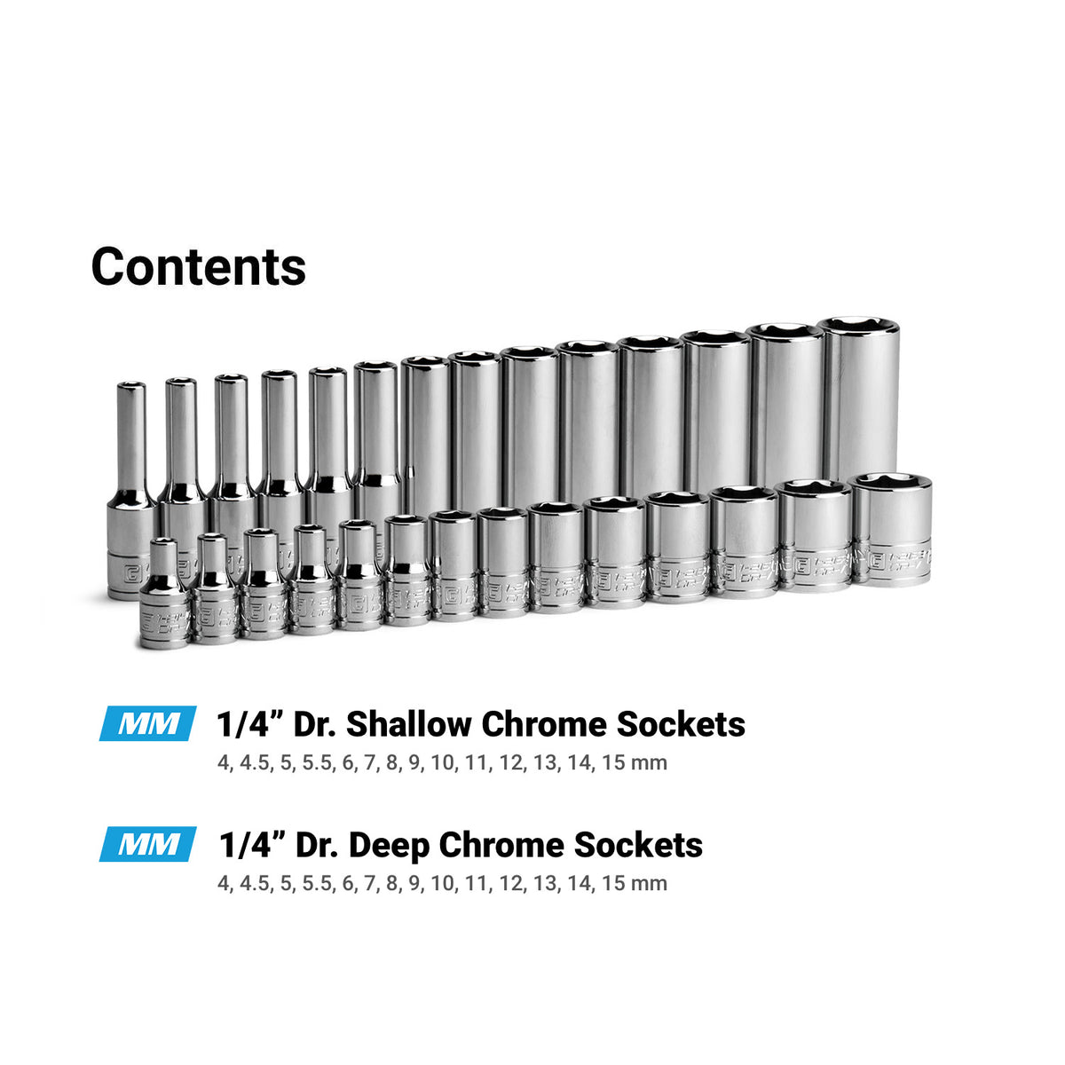 1/4" Drive 6-Point Master Chrome Sockets Set, 4-15 mm, Metric, Blue