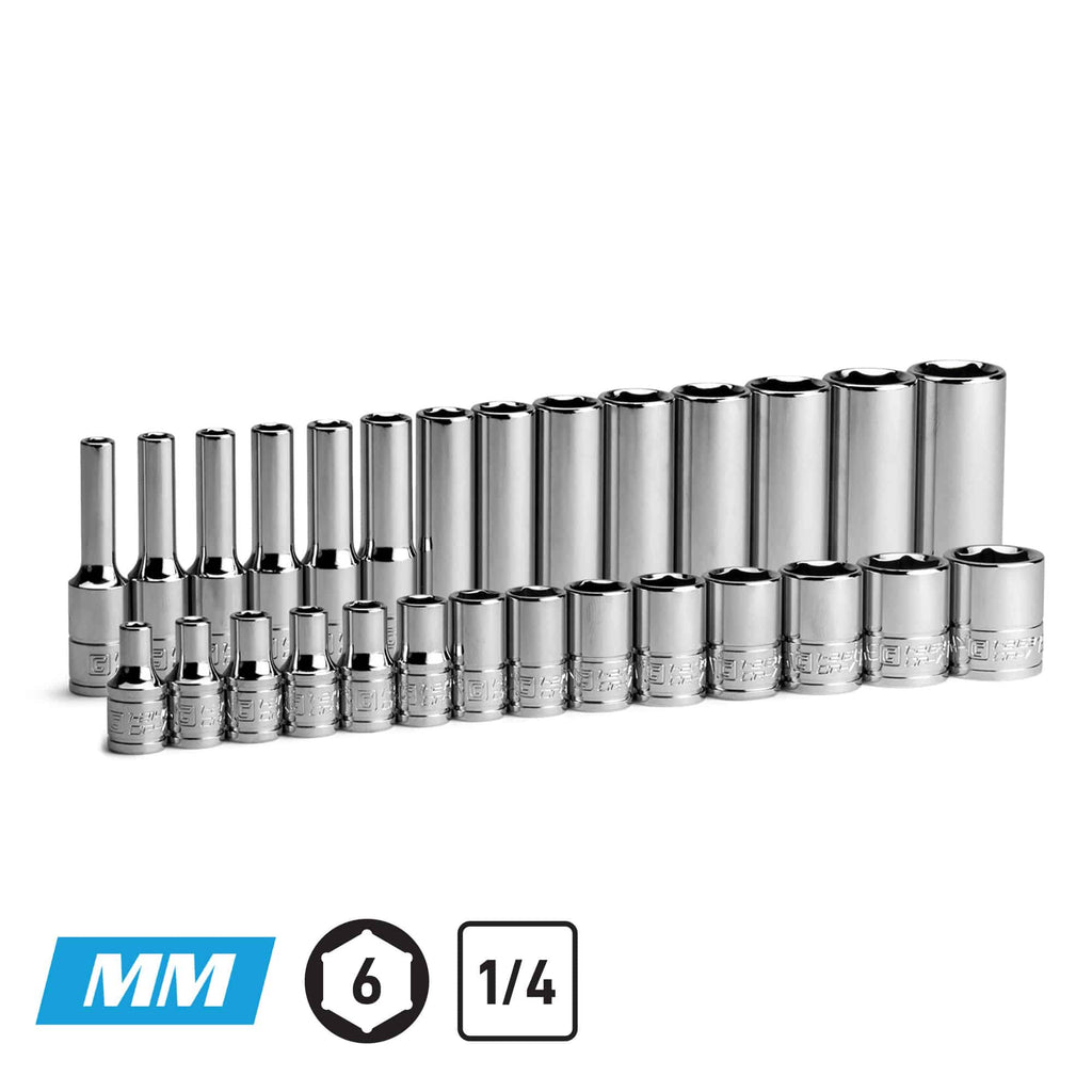1/4" Drive 6-Point Master Chrome Sockets Set, 4-15 mm, Metric