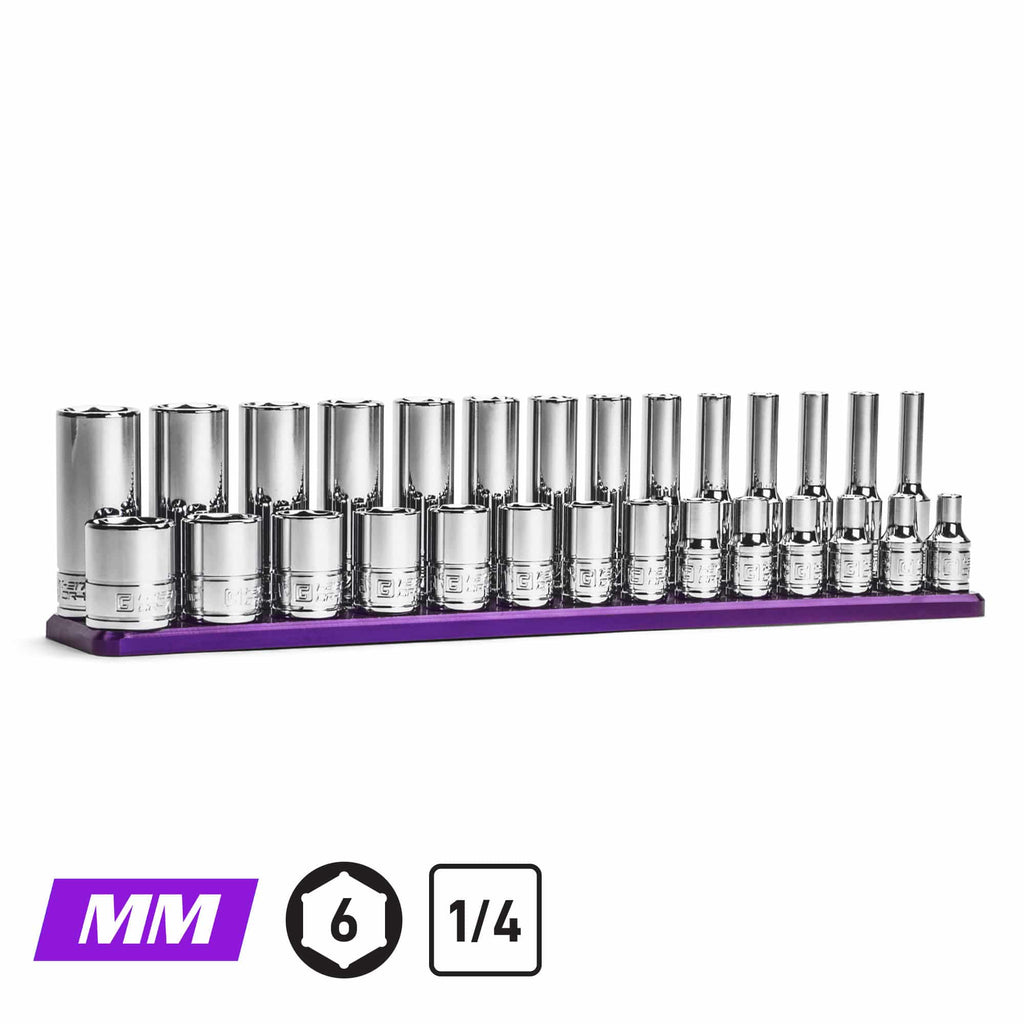 1/4" Drive 6-Point Master Chrome Sockets Set, 4 to 15 mm, Metric, Purple