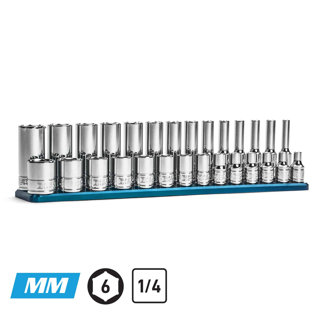 1/4" Drive 6-Point Master Chrome Sockets Set, 4-15 mm, Metric, Blue