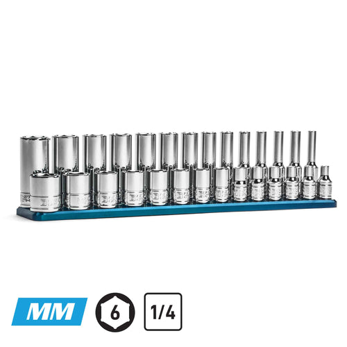 1/4" Drive 6-Point Master Chrome Sockets Set, 4-15 mm, Metric, Blue