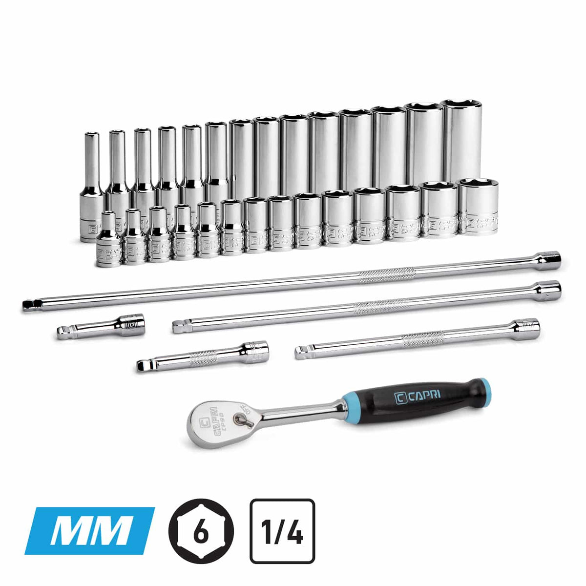 1/4" Drive 34-Piece Master 6-Point Chrome Sockets Set + Extensions, Metric
