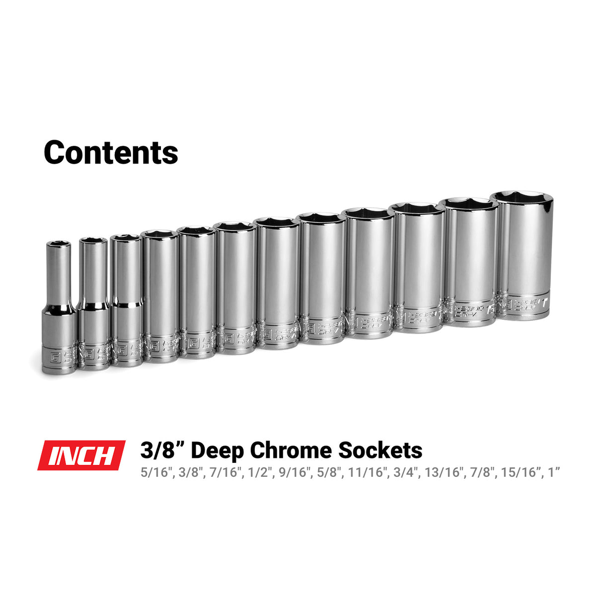 3/8" Drive Deep Chrome Sockets Set, 5/16-1"