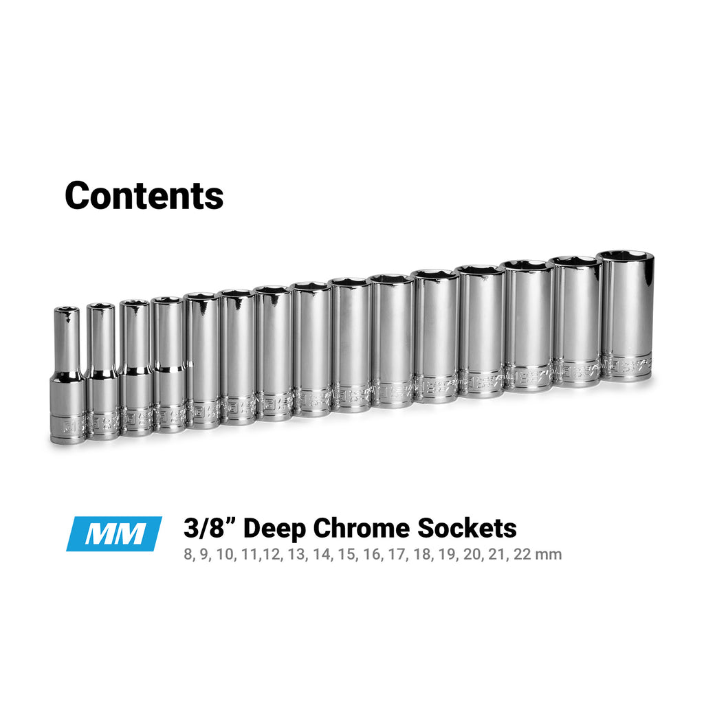 3/8" Drive Deep Chrome Sockets Set, 8-22 mm