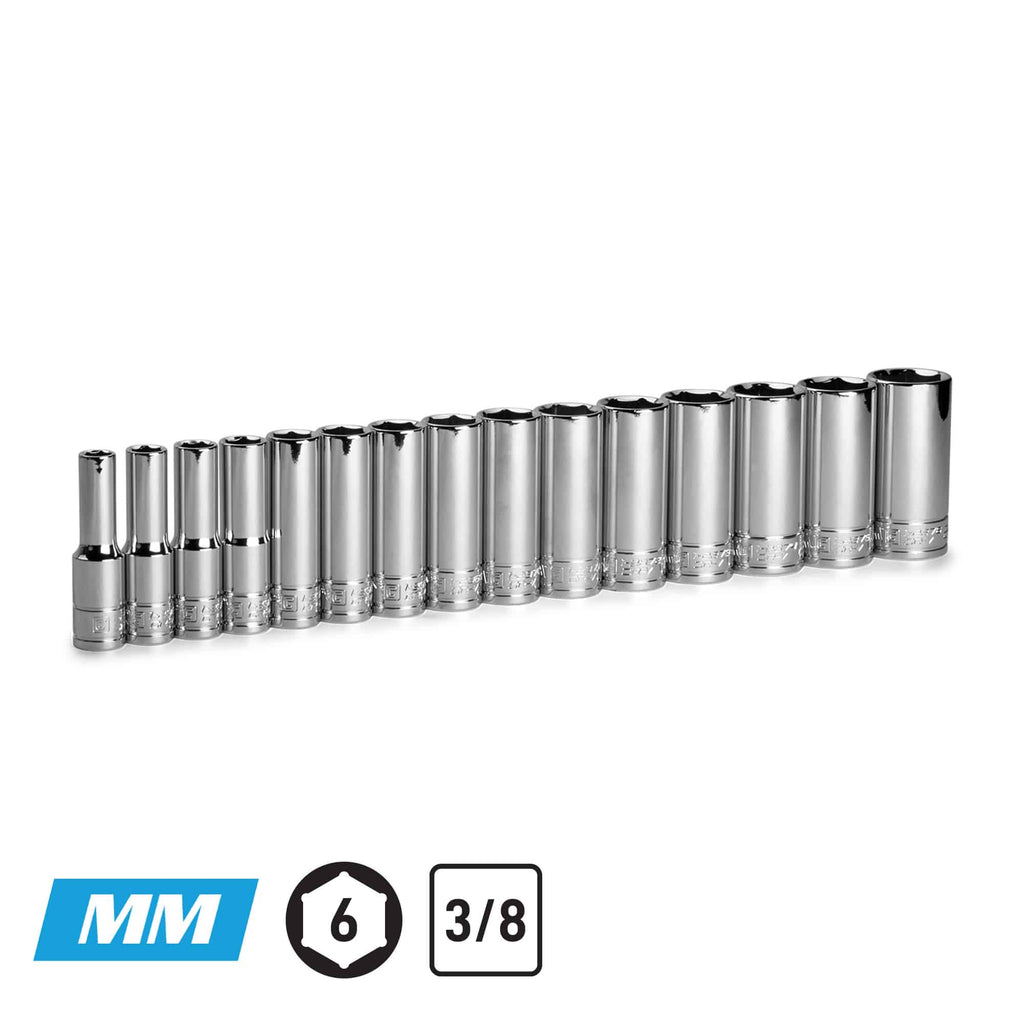 3/8" Drive Deep Chrome Sockets Set, 8-22 mm