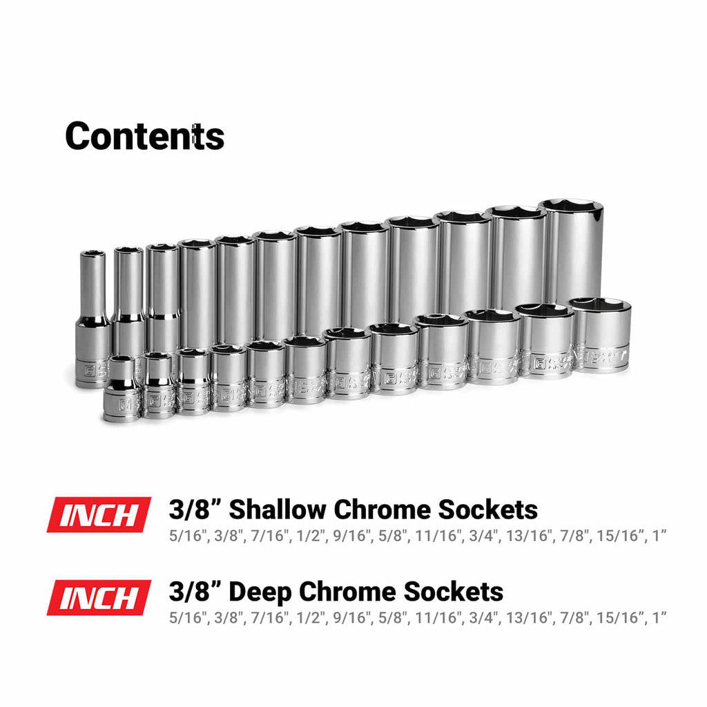 3/8" Drive Shallow and Deep Chrome Socket Set, 6-Point, 5/16-1", Black