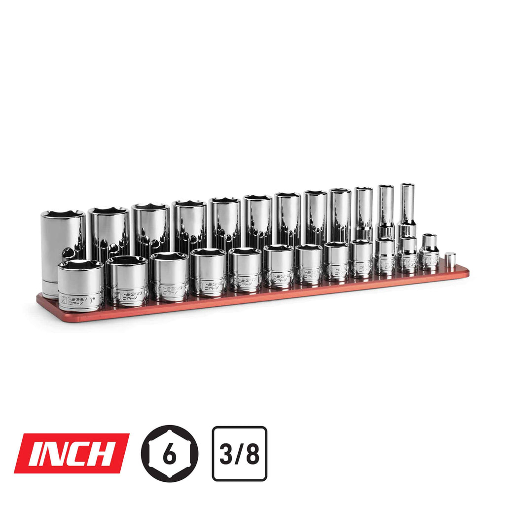 3/8" Drive Shallow and Deep Chrome Socket Set, 6-Point, 5/16-1", Red
