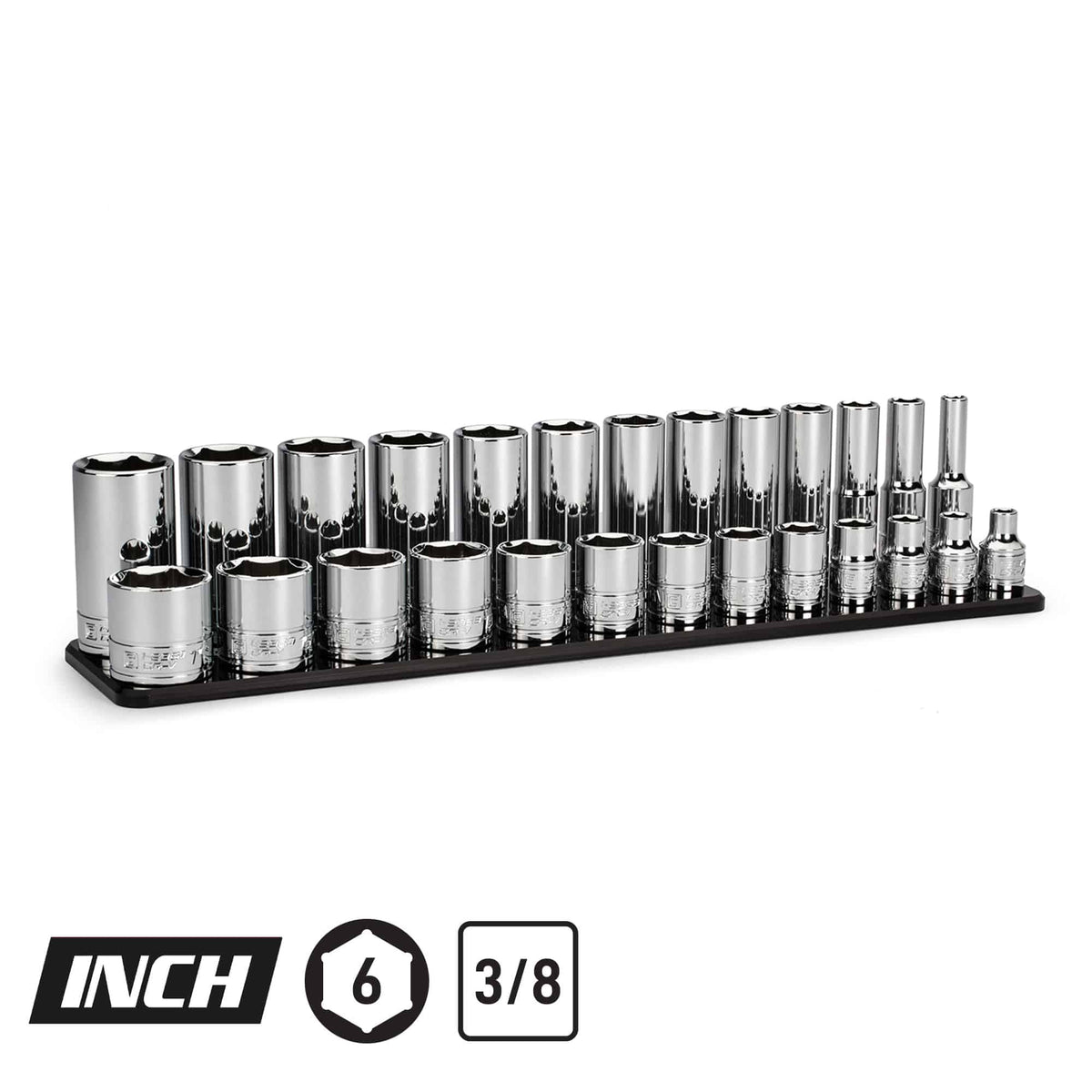 3/8" Drive Shallow and Deep Chrome Sockets Set, 6-Point, 1/4"-1", Black