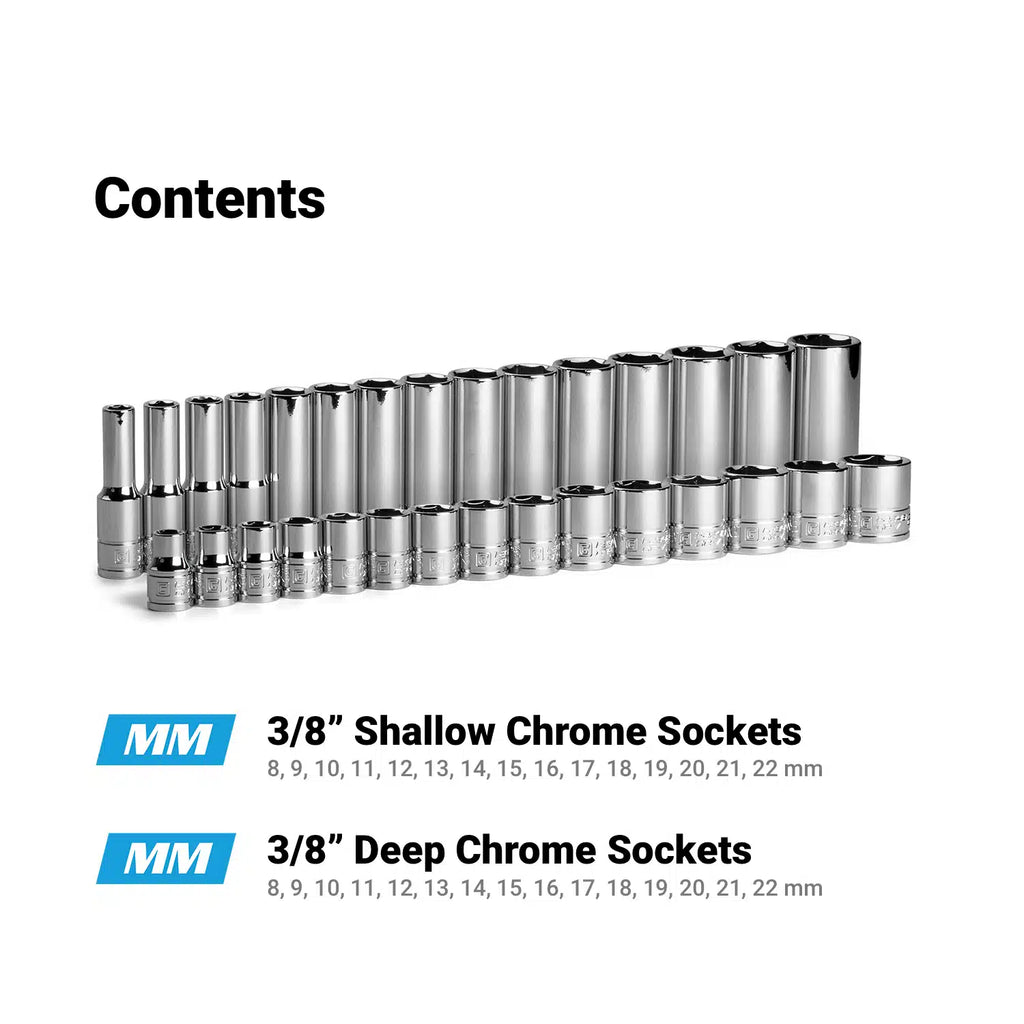 3/8" Drive Shallow and Deep Chrome Socket Set, 6-Point, 8-22 mm, Purple