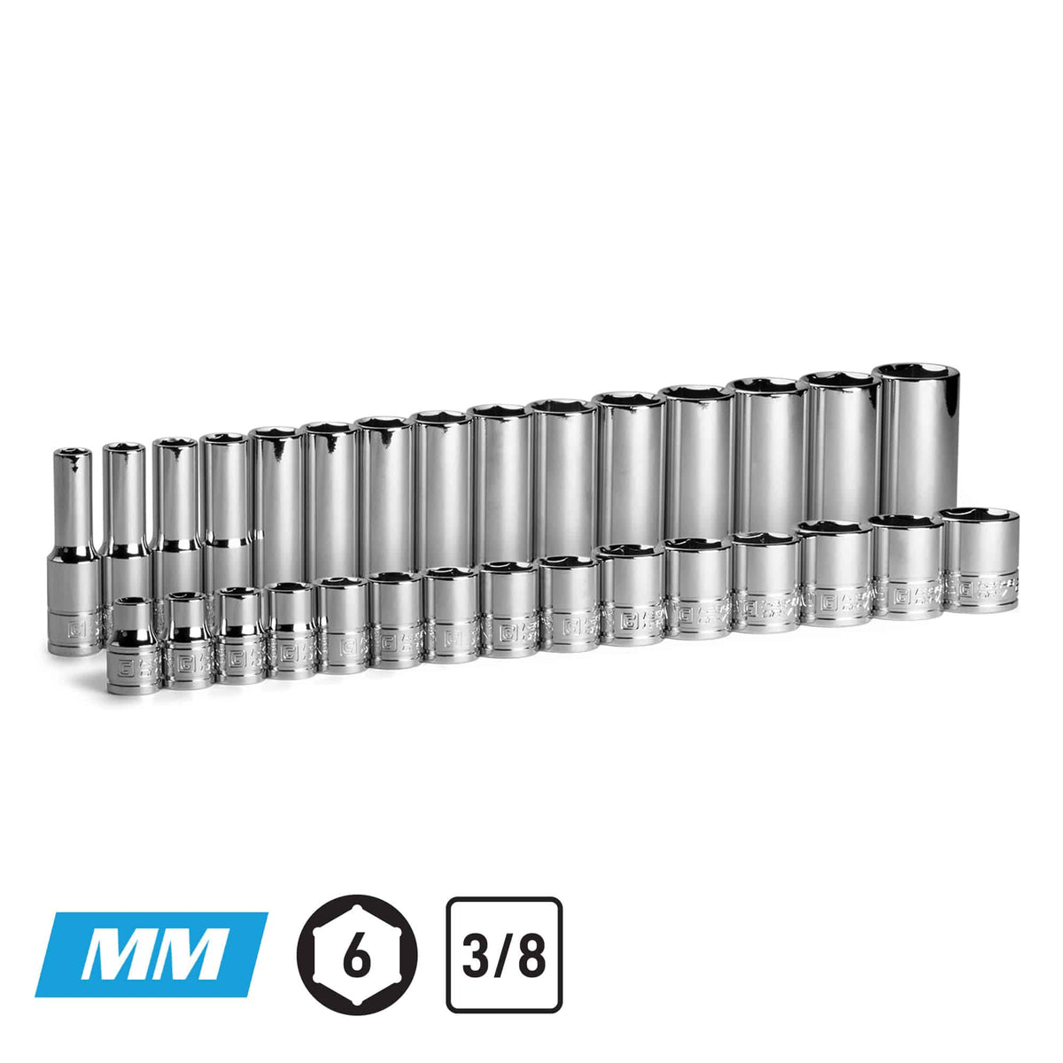 3/8" Drive Shallow and Deep Chrome Socket Set, 6-Point, 8-22 mm, 30-Piece