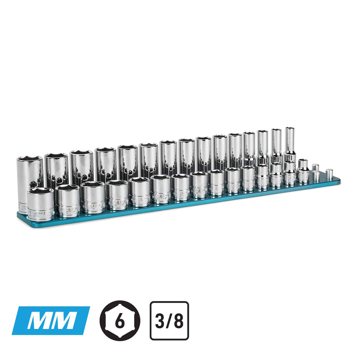 3/8" Drive Shallow and Deep Chrome Socket Set, 6-Point, 8-22 mm, Blue