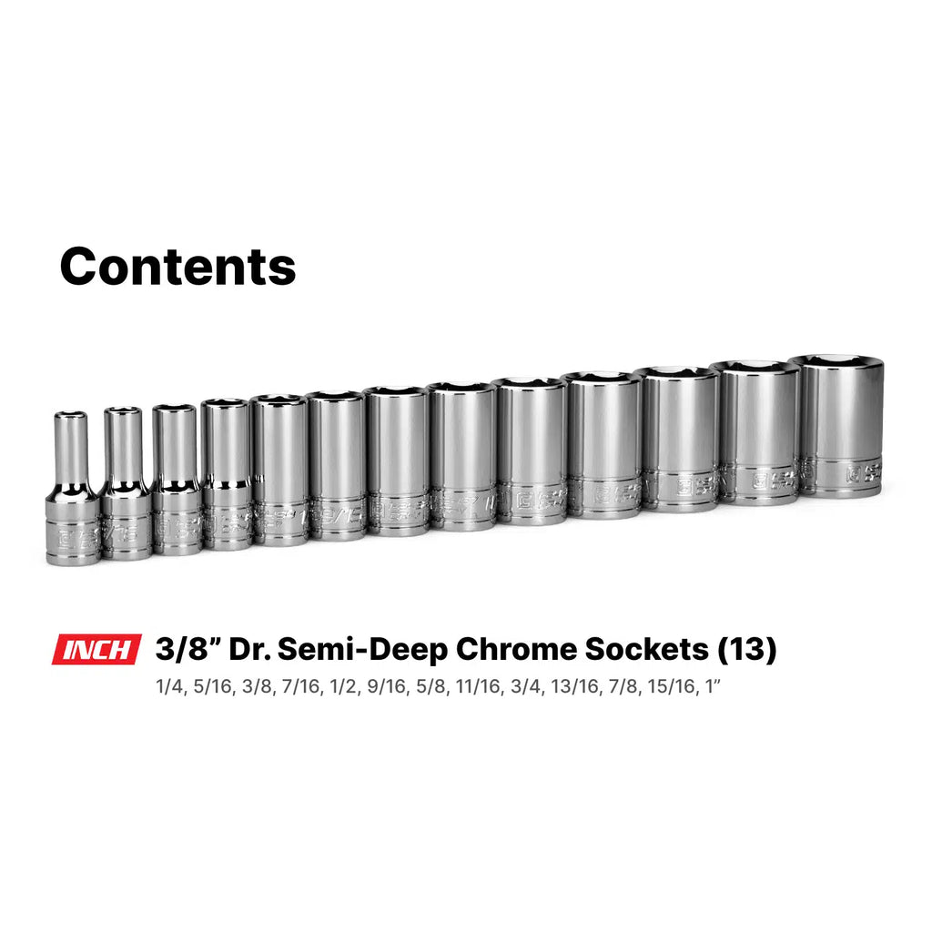 3/8" Drive 6-Point Semi-Deep Chrome Socket Set, 1/4"-1"