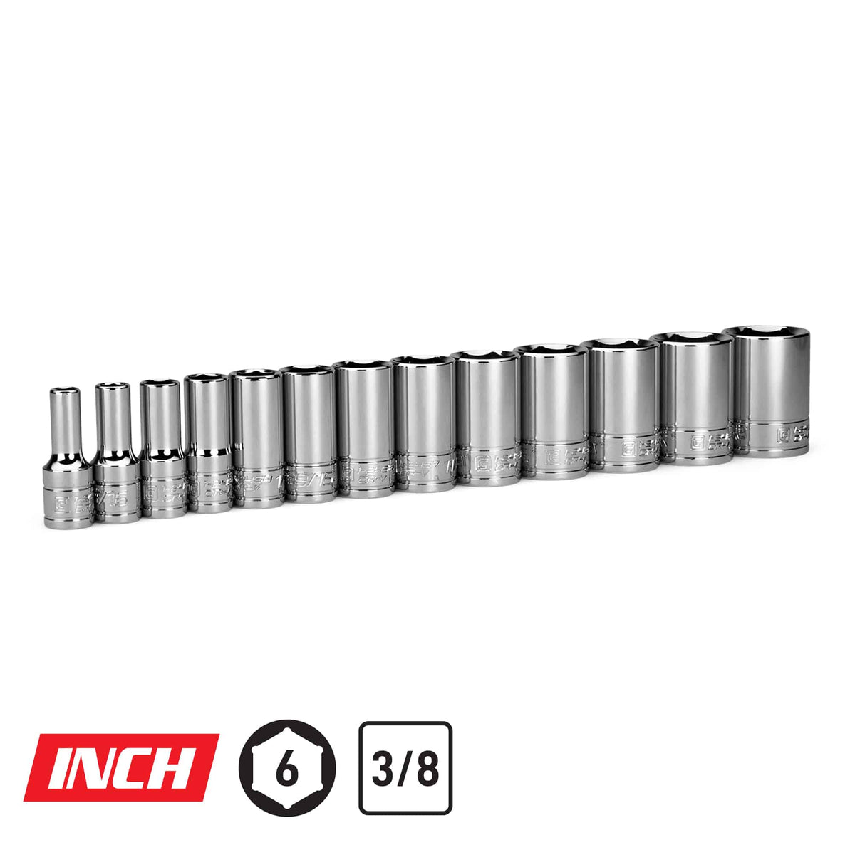 3/8" Drive 6-Point Semi-Deep Chrome Socket Set, 1/4"-1"