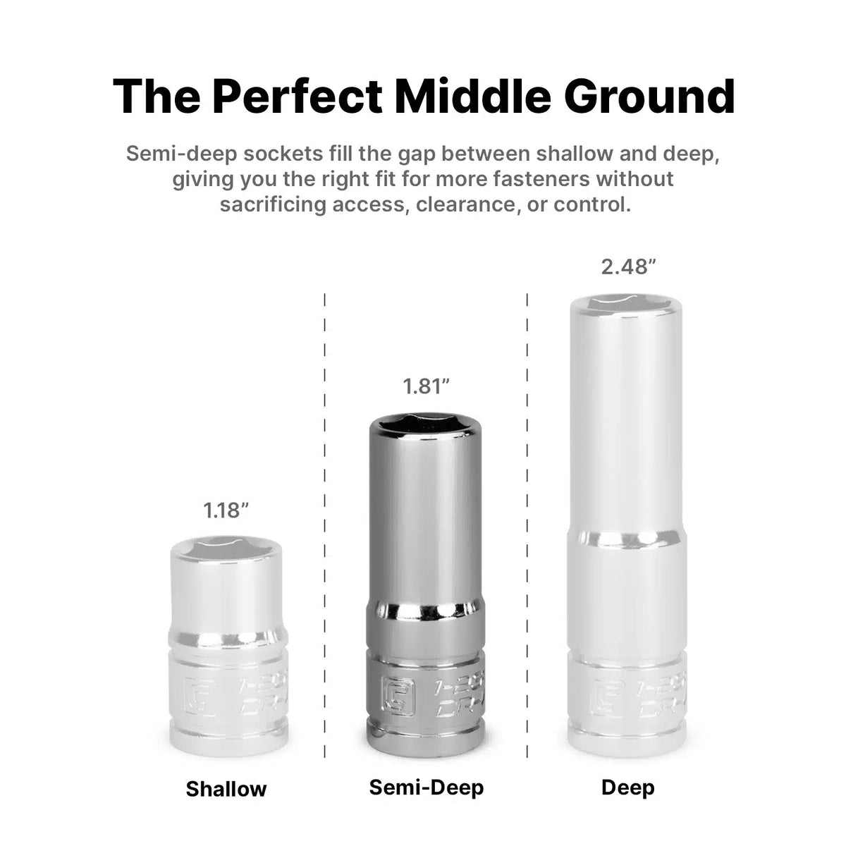 3/8" Drive 6-Point Semi-Deep Chrome Sockets, SAE