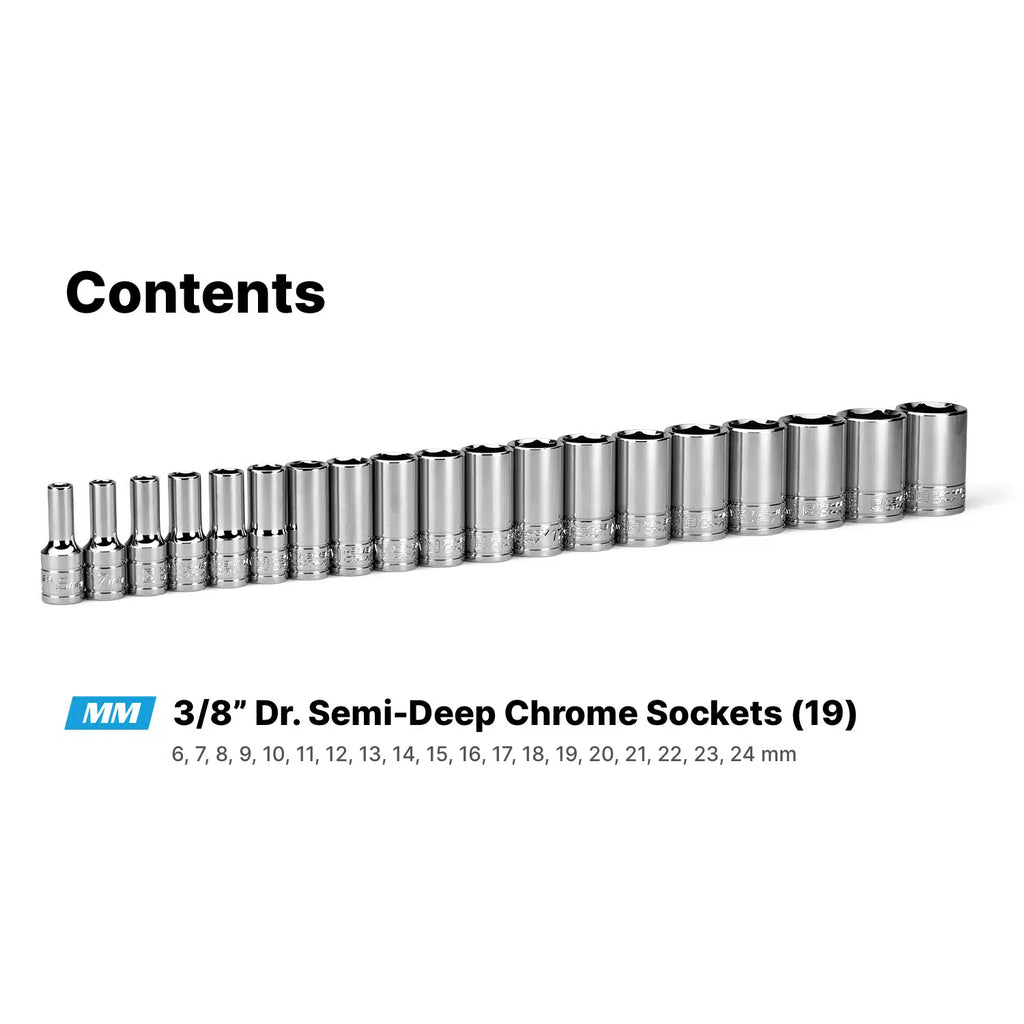 3/8" Drive 6-Point Semi-Deep Chrome Socket Set, 6-24 mm