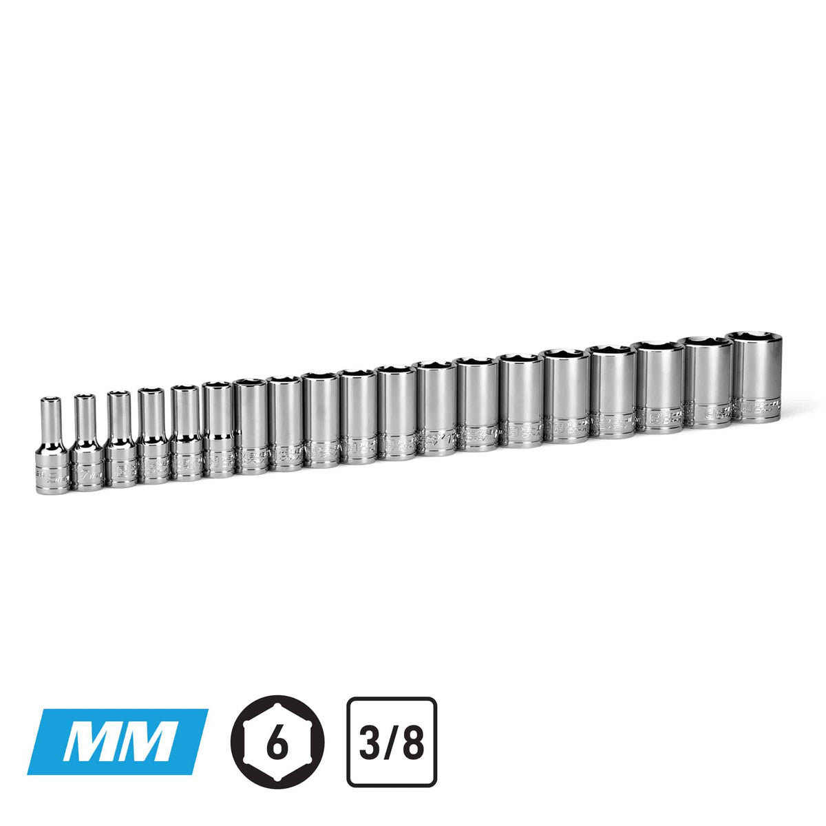 3/8" Drive 6-Point Semi-Deep Chrome Socket Set, 6-24 mm