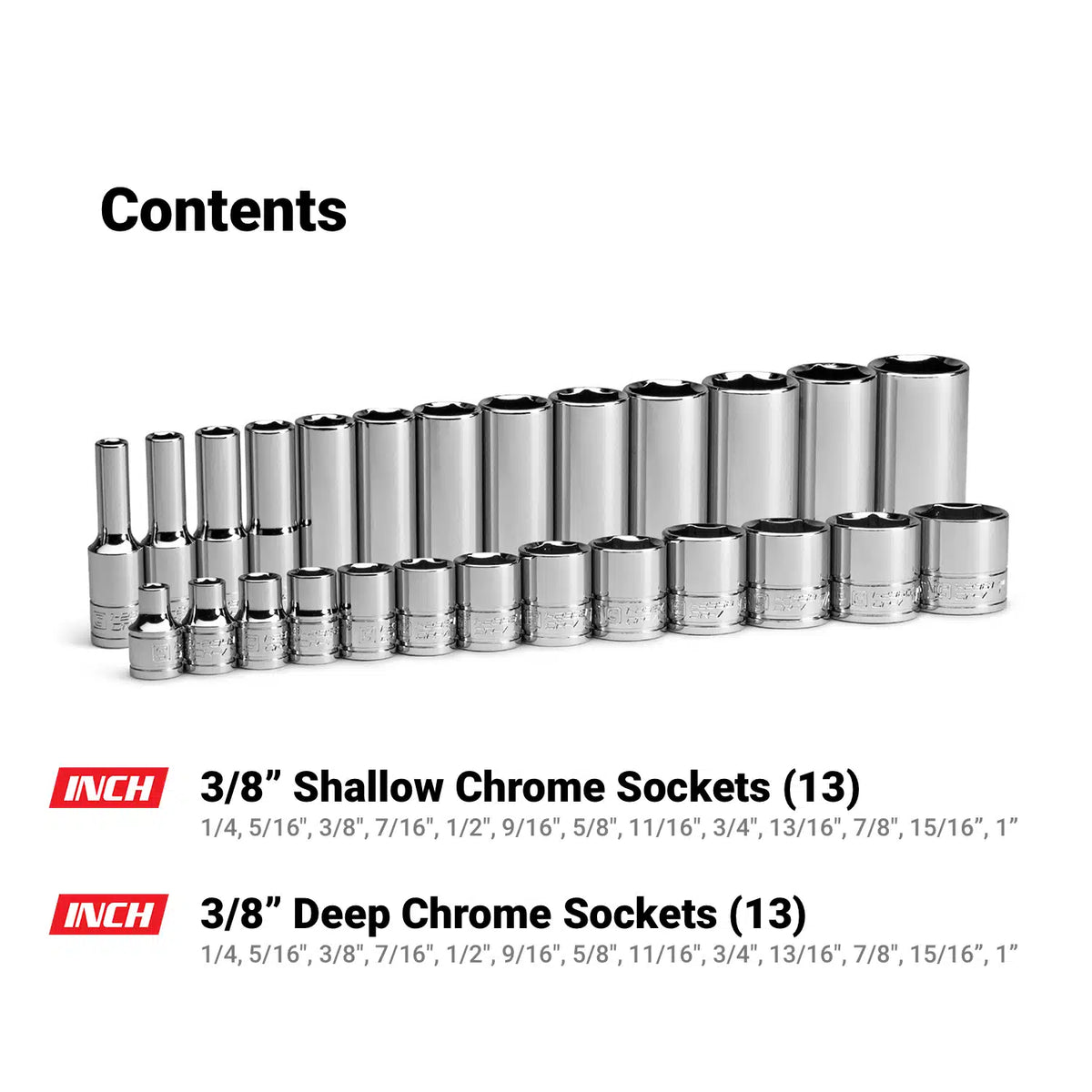 3/8" Drive Shallow and Deep Chrome Sockets Set, 6-Point, 1/4"-1", Black
