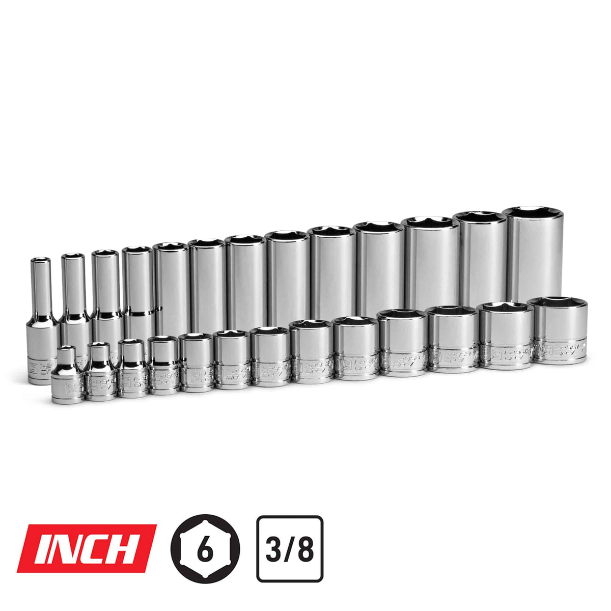 3/8" Drive Master Chrome Sockets Set, Shallow and Deep, 1/4-1"