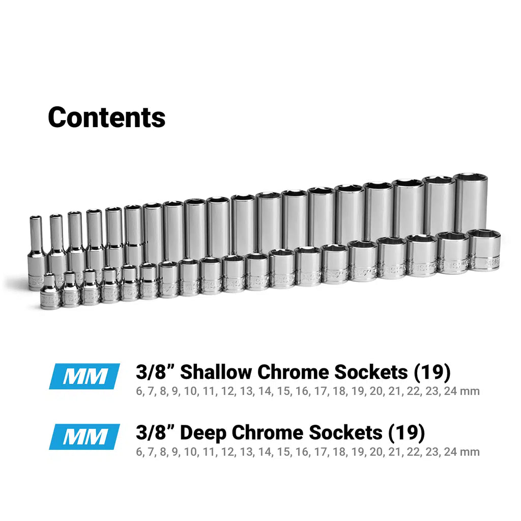 3/8" Drive Master Chrome Sockets Set, Shallow and Deep, 6-24 mm