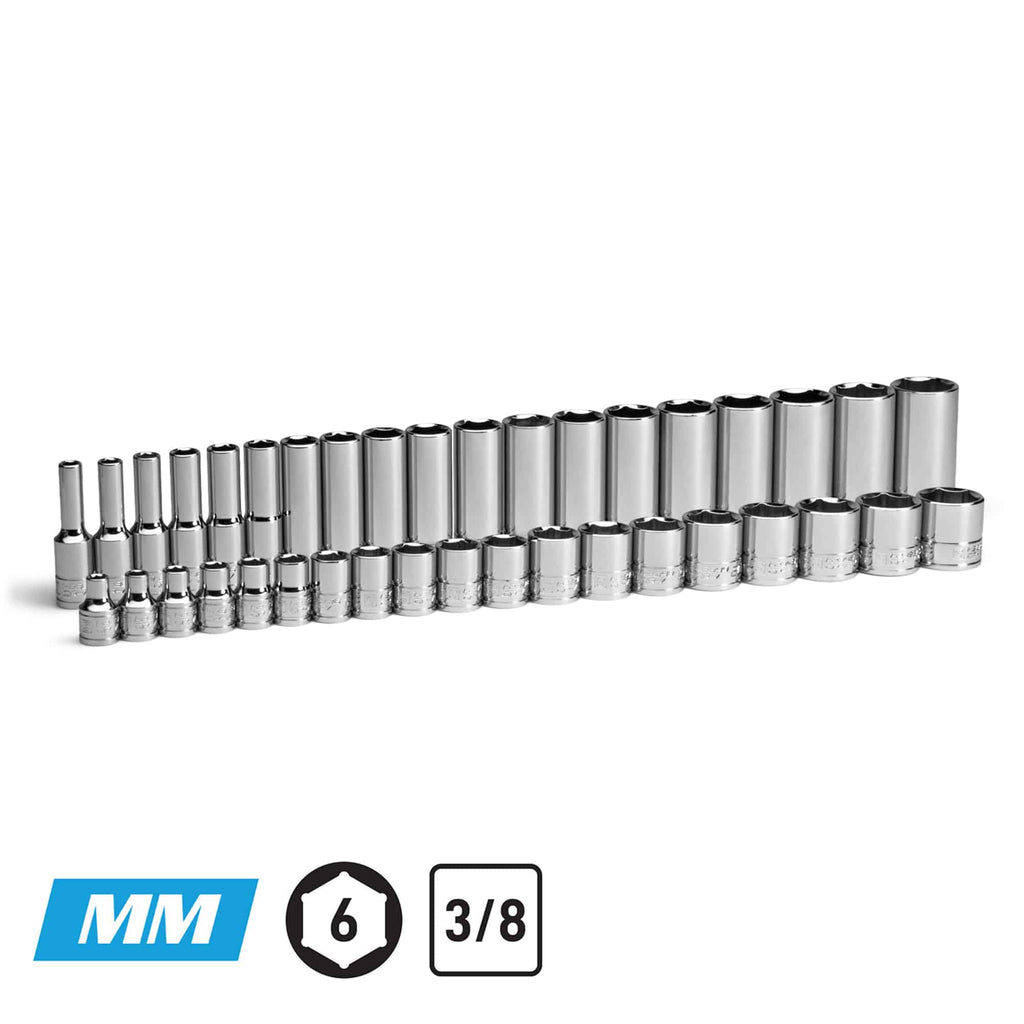 3/8" Drive Master Chrome Sockets Set, Shallow and Deep, 6-24 mm
