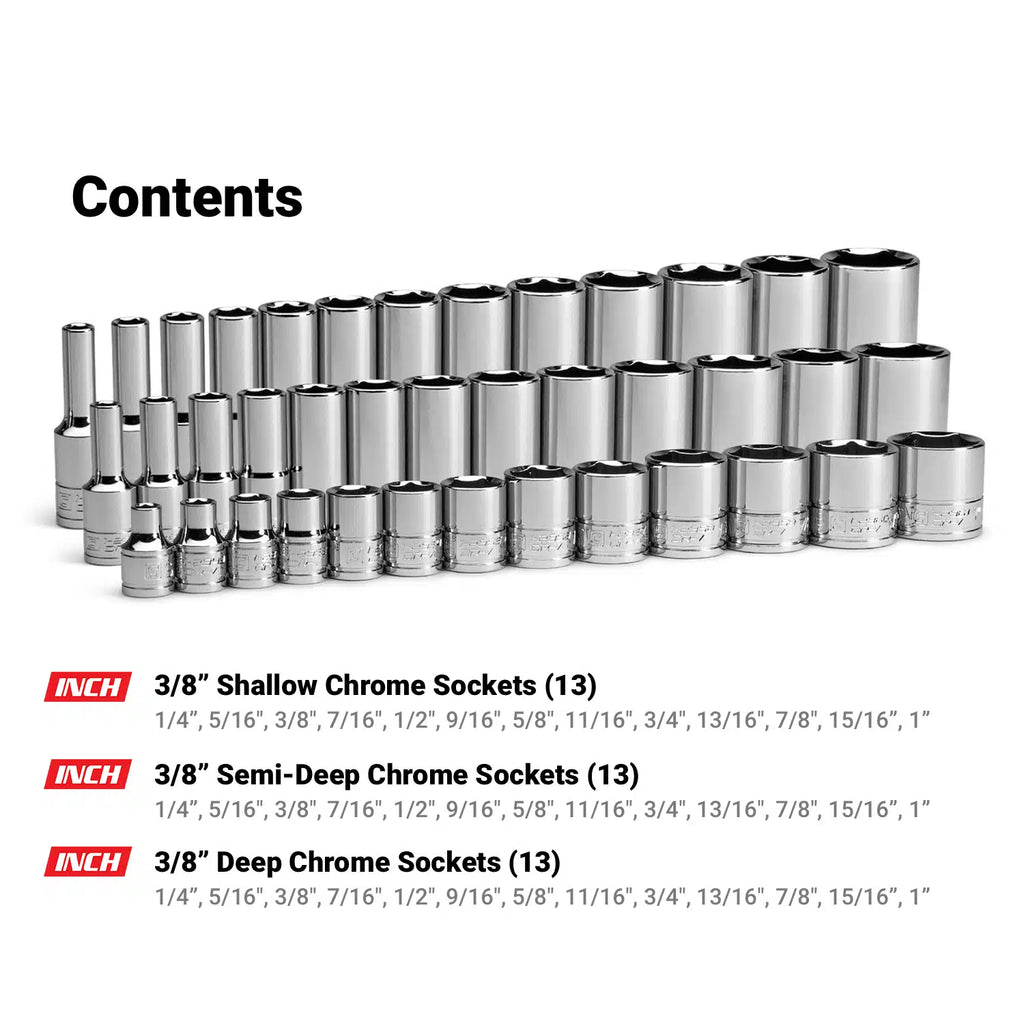 3/8 Drive Master Chrome Sockets Set, 6-Point, 1/4" to 1", Shallow, Semi-Deep, Deep Sockets w/ Aluminum Socket Rail, Red