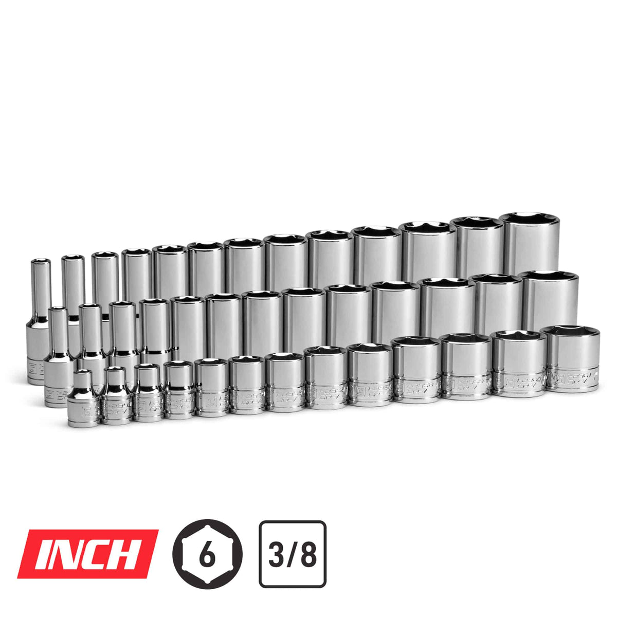 3/8" Drive Master Chrome Socket Set, 6-Point, 1/4"-1"