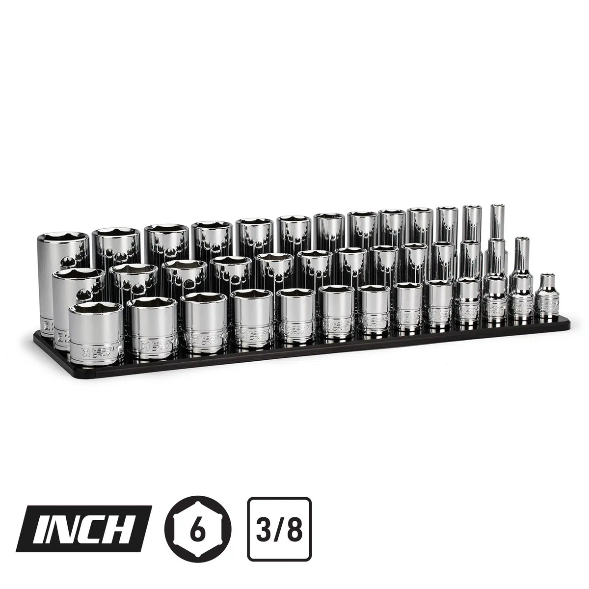 3/8 Drive Master Chrome Sockets Set, 6-Point, 1/4" to 1", Shallow, Semi-Deep, Deep Sockets w/ Aluminum Socket Rail, Black