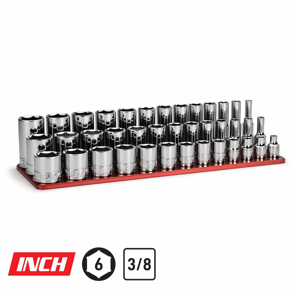 3/8 Drive Master Chrome Sockets Set, 6-Point, 1/4" to 1", Shallow, Semi-Deep, Deep Sockets w/ Aluminum Socket Rail, Red