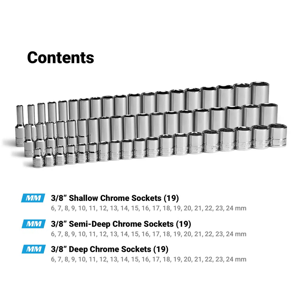 3/8" Drive Master Chrome Socket Set, 6-Point, 6-24 mm