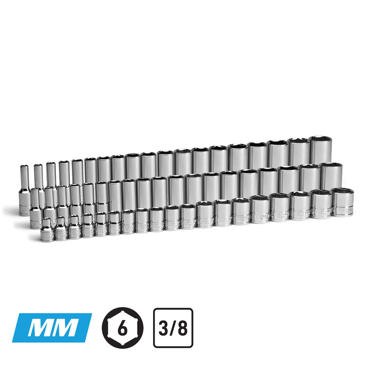 3/8" Drive Master Chrome Socket Set, 6-Point, 6-24 mm