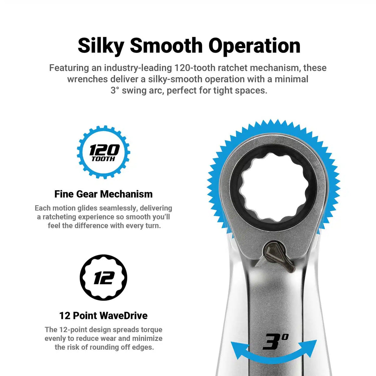 120-Tooth Ultra Smooth Ratcheting Wrenches Set, 5/16"-3/4", SAE