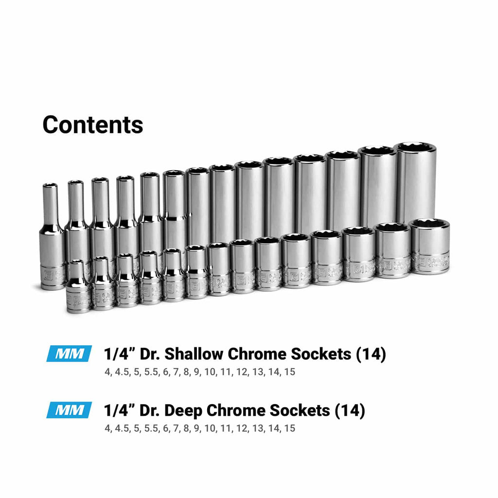 1/4" Drive 12-Point Master Chrome Sockets Set, 4 to 15 mm, Metric, Blue
