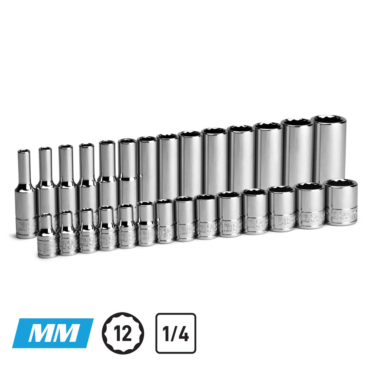 1/4" Drive 12-Point Master Chrome Sockets Set, 4-15 mm, Metric