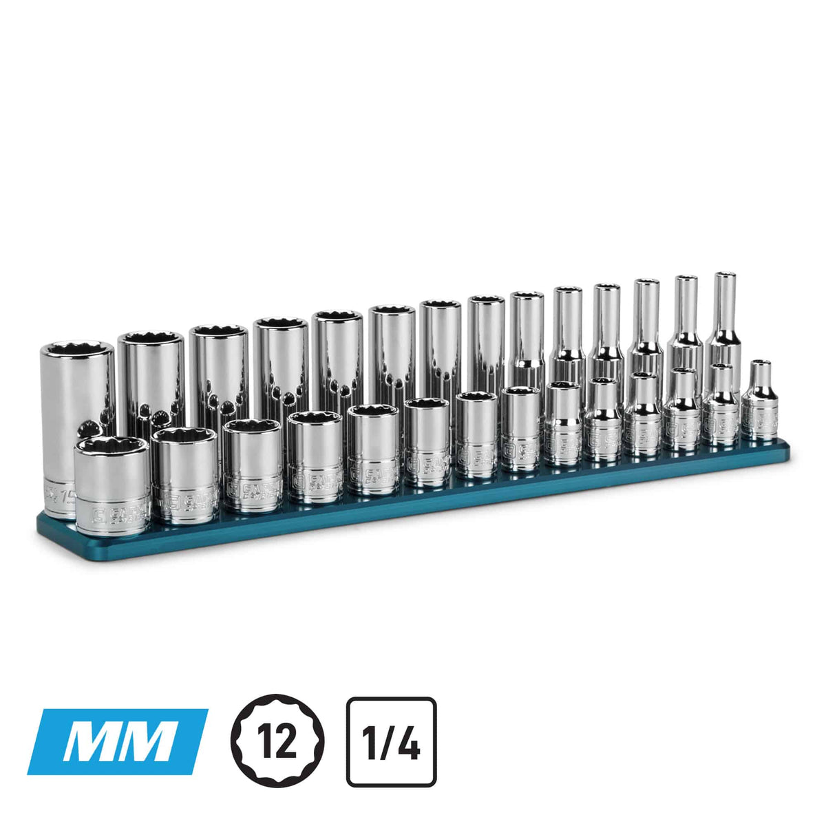 1/4" Drive 12-Point Master Chrome Sockets Set, 4 to 15 mm, Metric, Blue