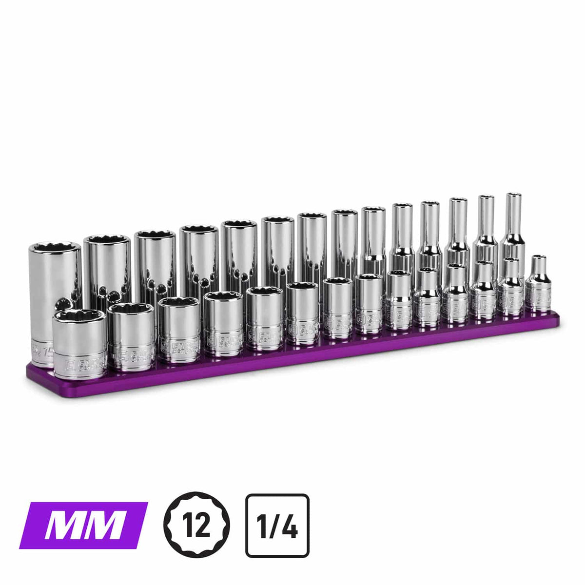 1/4" Drive 12-Point Master Chrome Sockets Set, 4 to 15 mm, Metric, Purple