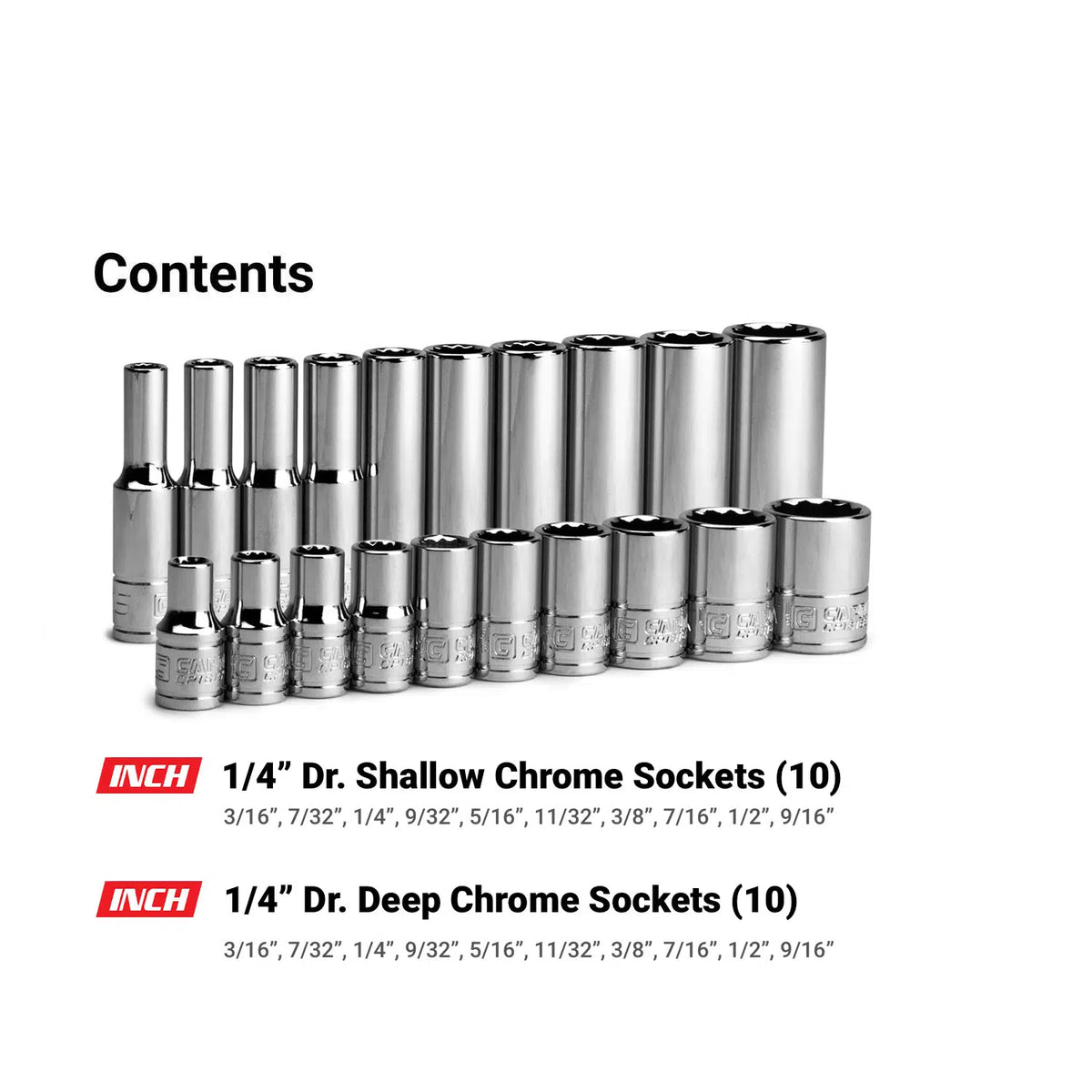 1/4" Drive 12-Point Master Chrome Sockets Set, 3/16 to 9/16", SAE, Red