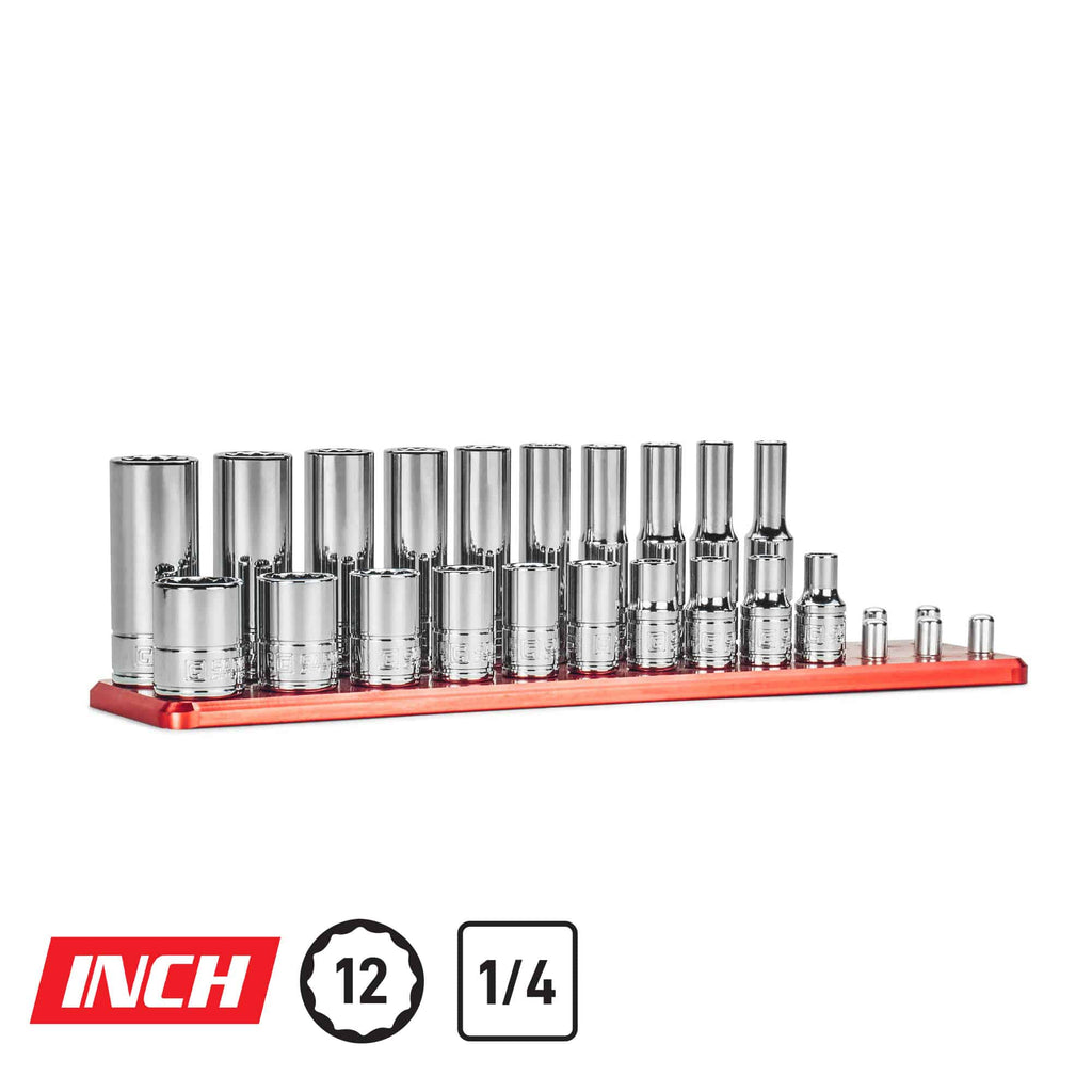 1/4" Drive 12-Point Master Chrome Sockets Set, 3/16 to 9/16", SAE, Red