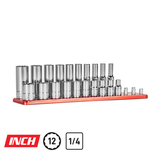 1/4" Drive 12-Point Master Chrome Sockets Set, 3/16 to 9/16", SAE, Red